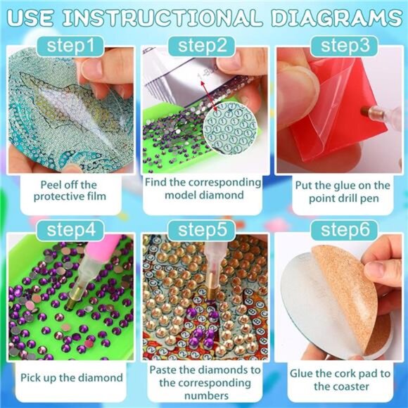Ocean Diamond Art Painting Coaster Kit, 8Pcs DIY Crafts Kit with HolderNon Slip - Picture 3 of 7